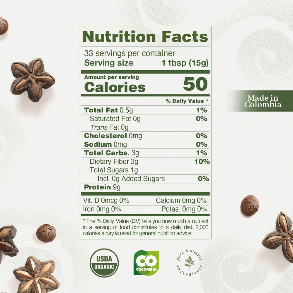 Close-up of ANCESTRAL ORGANICS Sacha Inchi protein label showing organic and gluten-free qualities.
