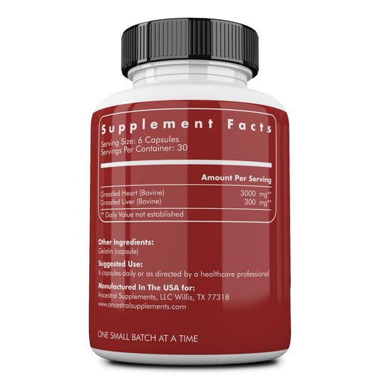 Ancestral Supplements beef heart capsules closeup highlighting convenient heart nutrition
