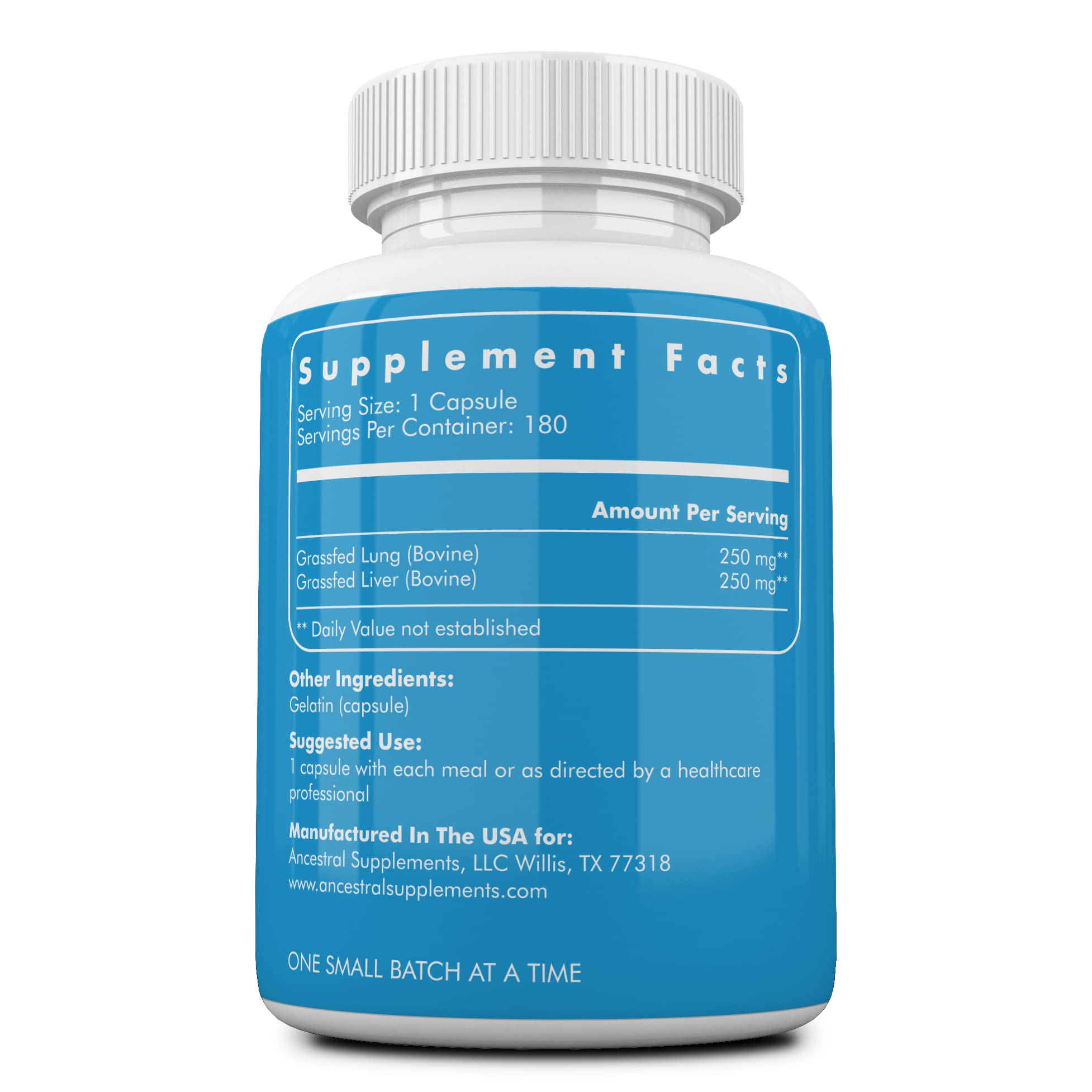 Ancestral Supplements capsules showing beef lung-liver blend for immune and systemic nutrition.