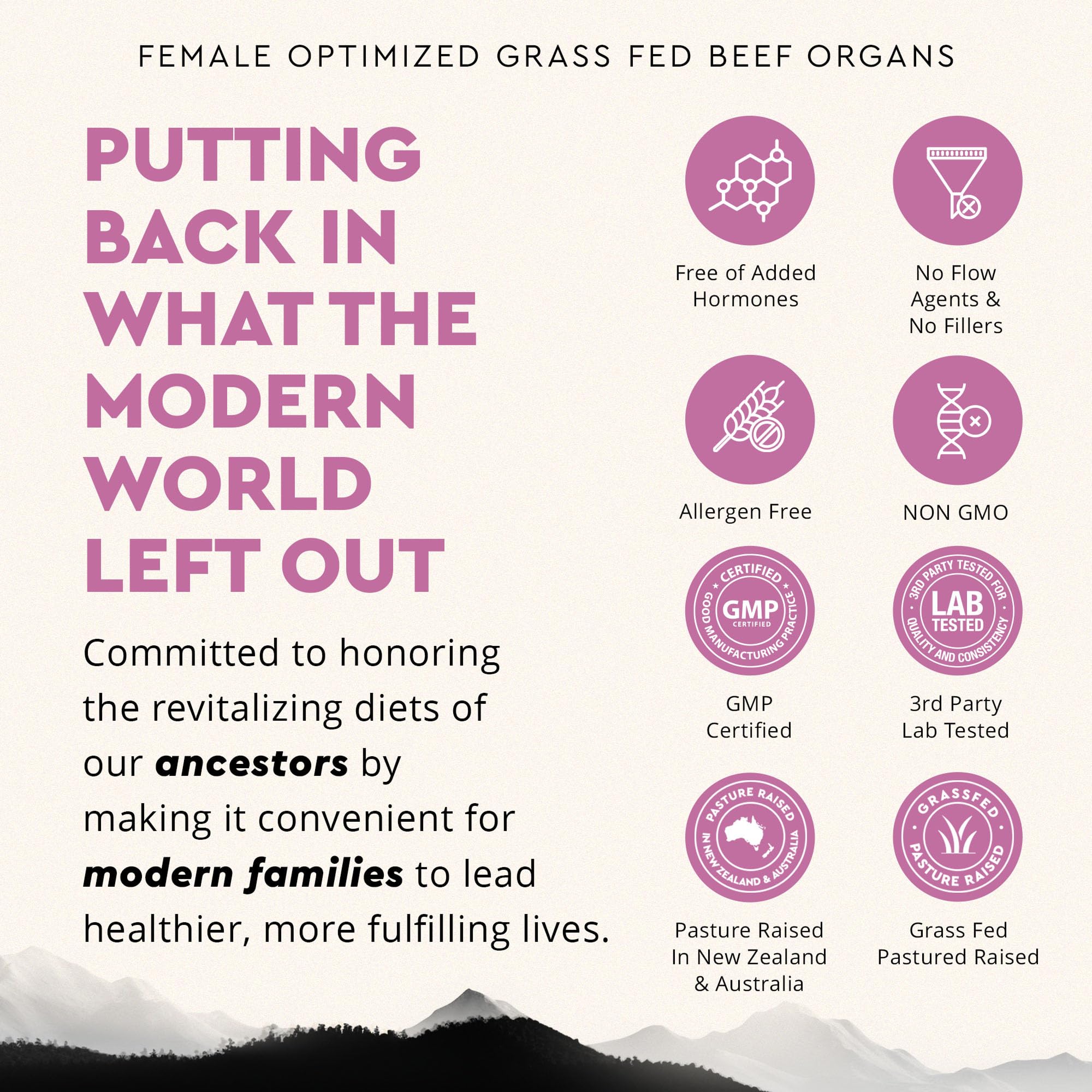 Label on Ancestral Supplements Beef Organ for Women packaging emphasizes freeze-dried nutrient retention.