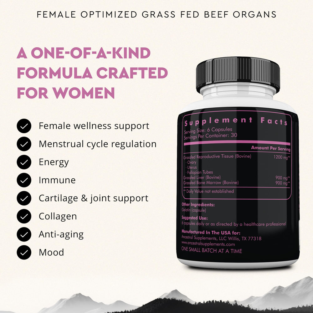Close-up of Ancestral Supplements Beef Organ for Women capsules for convenient nourishment.