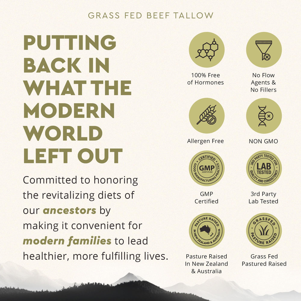 Ancestral Supplements beef tallow capsules beside healthy foods suggesting vitality support.