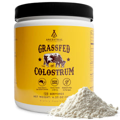 Ancestral Supplements bovine colostrum powder bottle highlighting immune support potential.