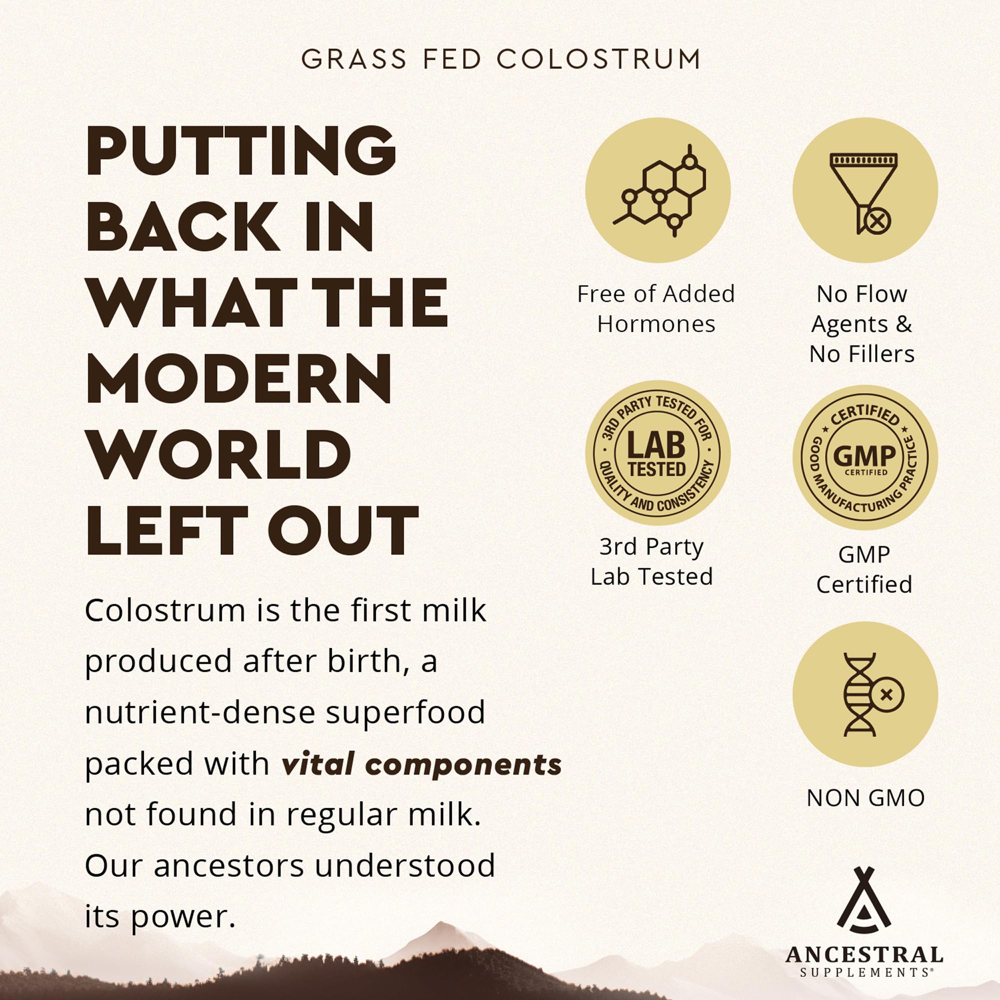 Ancestral Supplements colostrum packet close-up emphasizing unflavored powder