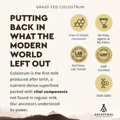 Ancestral Supplements colostrum packet close-up emphasizing unflavored powder