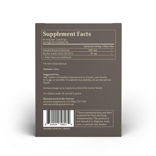 Ancestral Supplements colostrum packet on-the-go for daily gut wellness