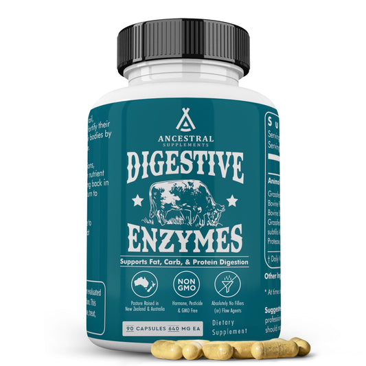 Ancestral Supplements digestive enzymes bottle supports daily digestive comfort and nutrient use.