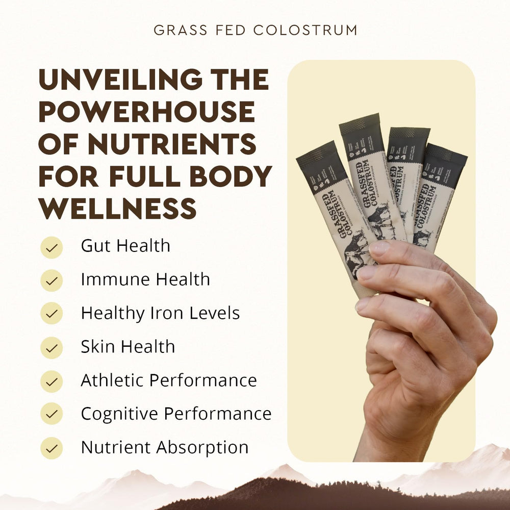 Ancestral Supplements grass-fed beef colostrum packets highlight sourcing and quality