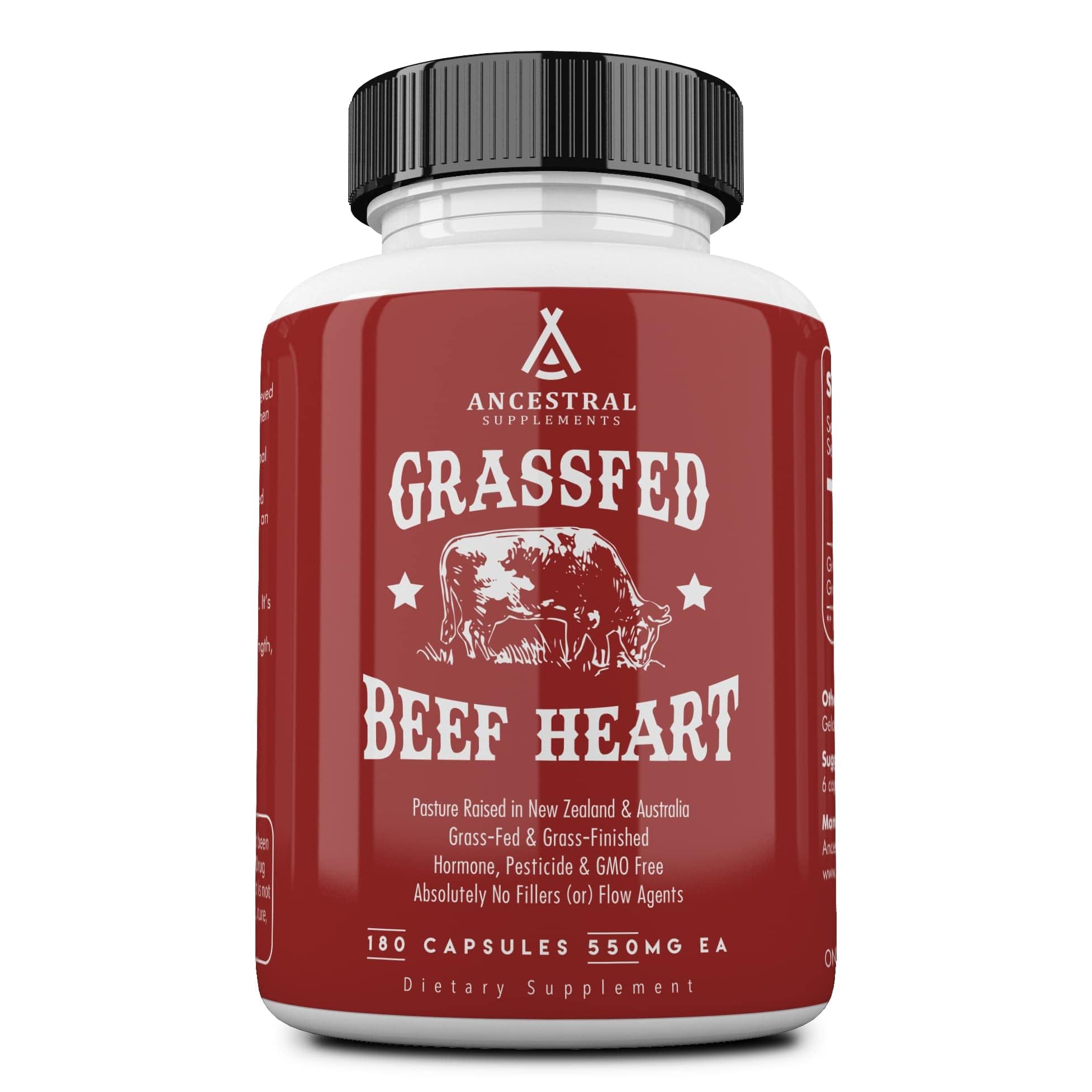Ancestral Supplements grass-fed beef heart bottle showing rich nutrients for heart muscle support