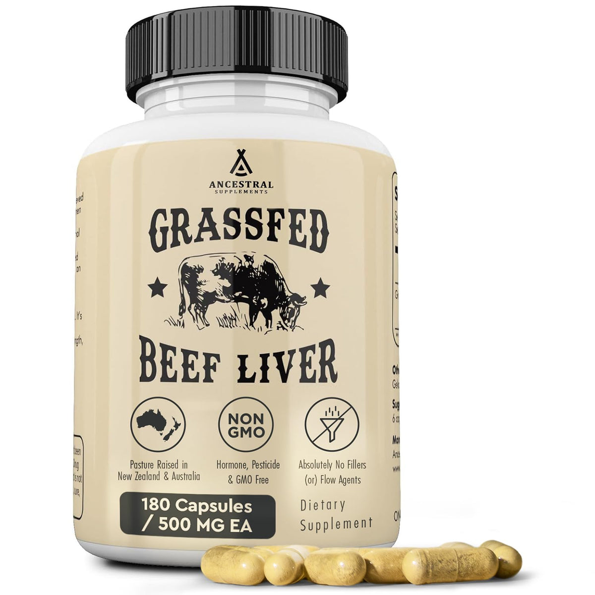 Ancestral Supplements Grass Fed Beef Liver bottle with 180 capsules for daily energy support
