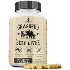 Ancestral Supplements Grass Fed Beef Liver bottle with 180 capsules for daily energy support