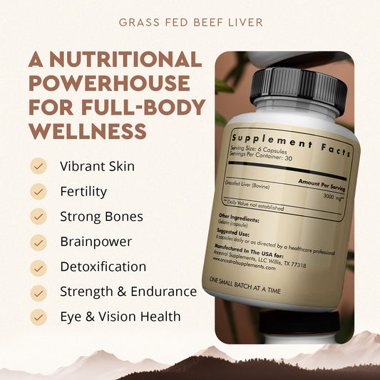 Close-up of Ancestral Supplements beef liver capsules showing nutrient-dense form