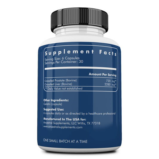 Ancestral Supplements Grass Fed Beef Prostate Liver capsules highlighting nutrient-dense organ meat benefits