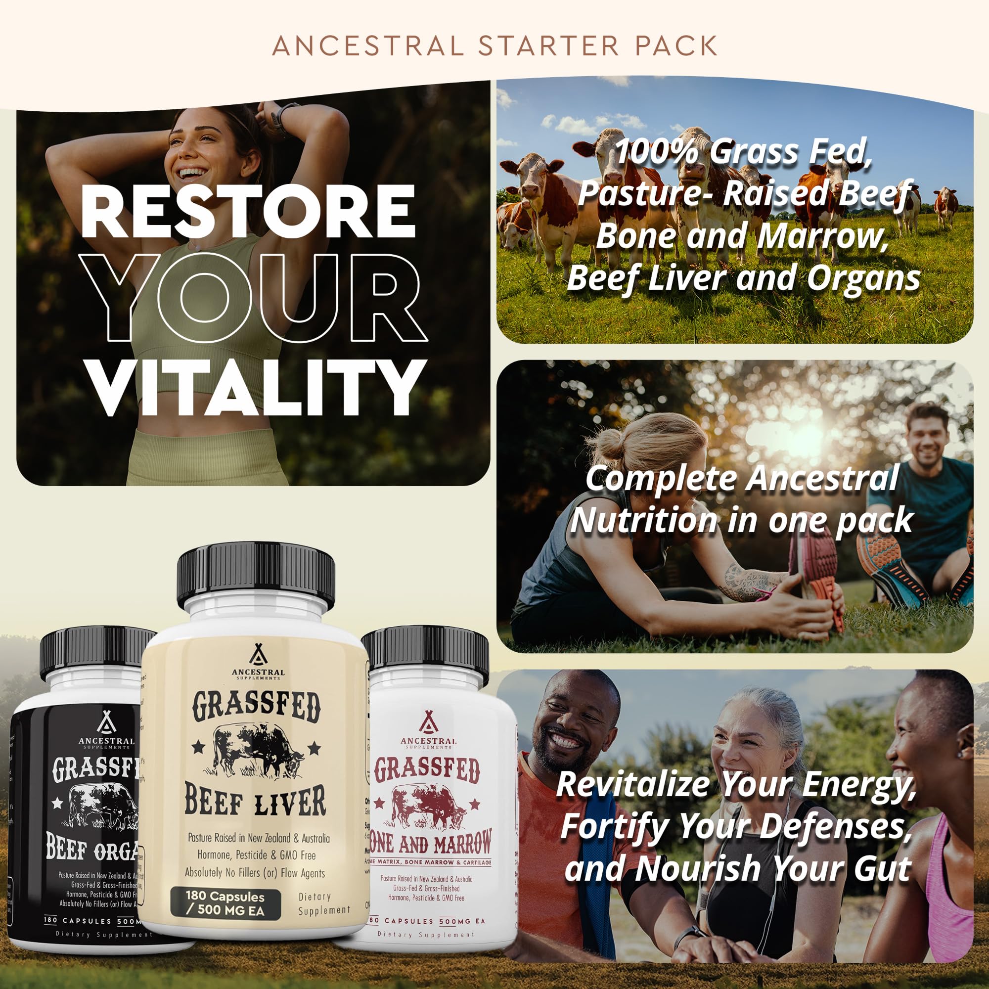 Ancestral Supplements grass-fed beef sourcing highlights pasture-raised quality.