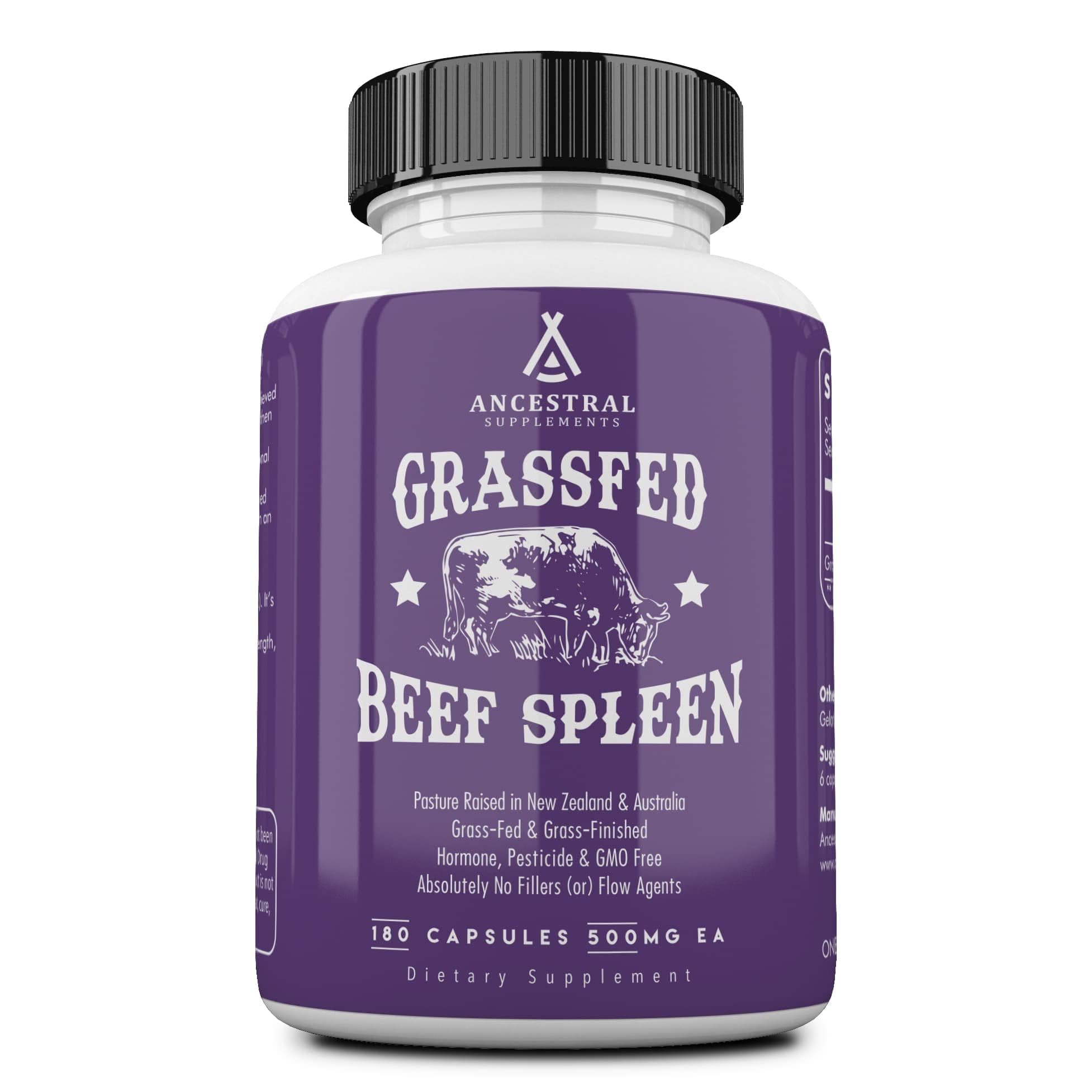 Ancestral Supplements grass-fed beef spleen bottle with potential immune support.