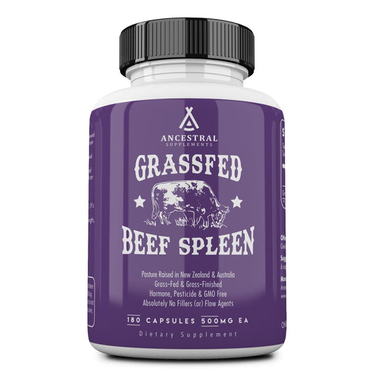 Ancestral Supplements grass-fed beef spleen bottle with potential immune support.