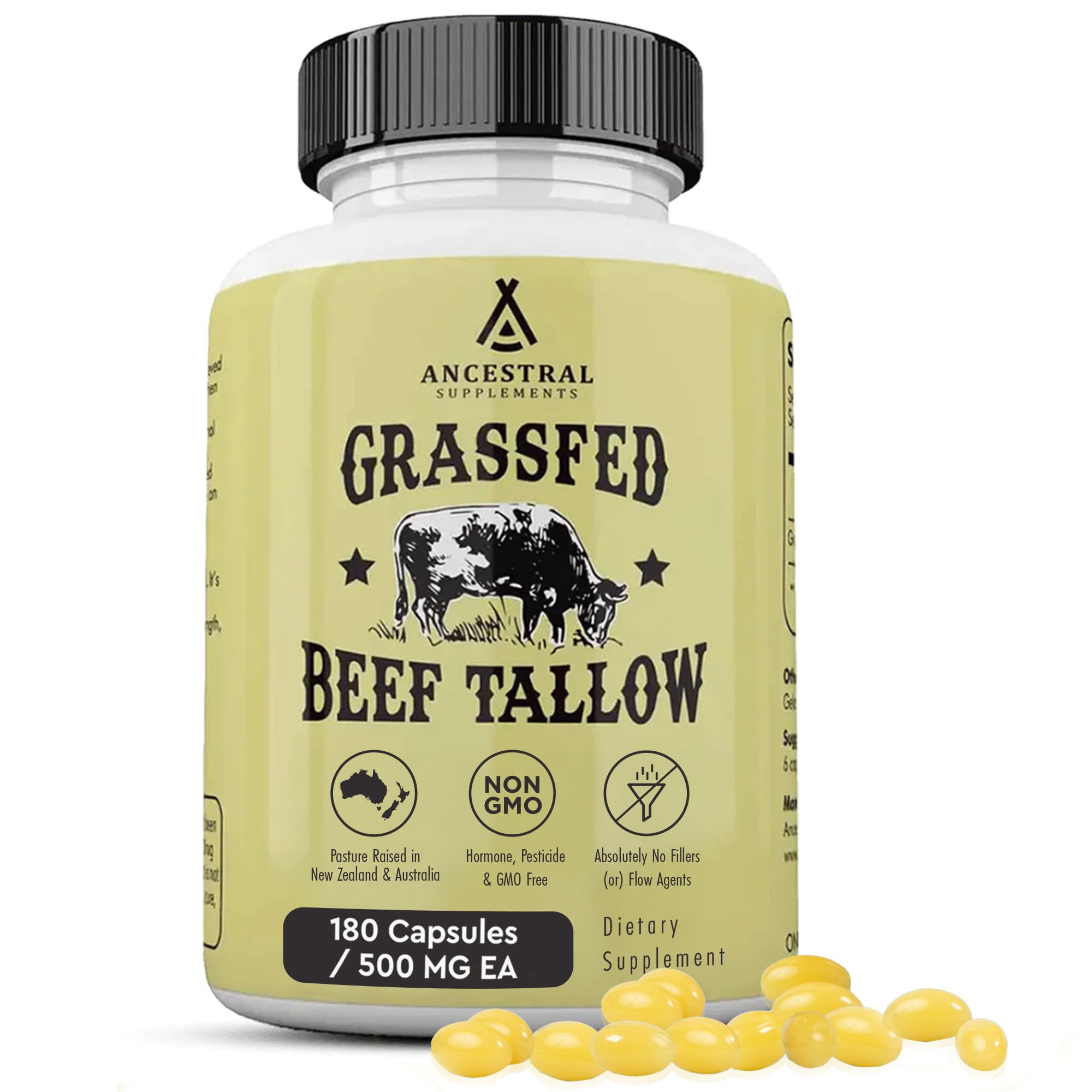 Ancestral Supplements grass-fed beef tallow capsules bottle on a white surface may support skin and immune health.