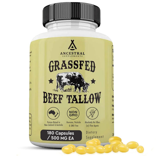 Ancestral Supplements grass-fed beef tallow capsules bottle on a white surface may support skin and immune health.