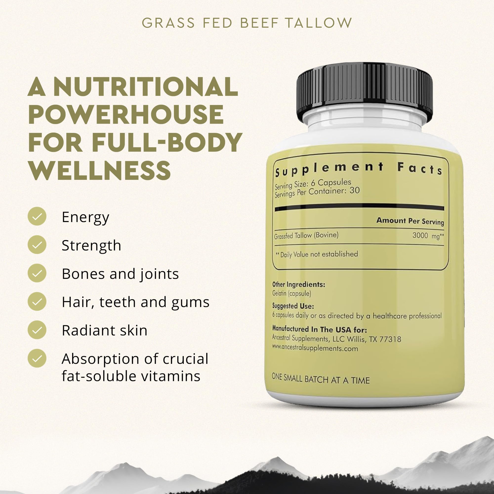 Ancestral Supplements beef tallow capsules close-up showing softgel capsules for whole-body nourishment.