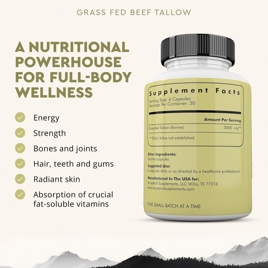 Ancestral Supplements beef tallow capsules close-up showing softgel capsules for whole-body nourishment.