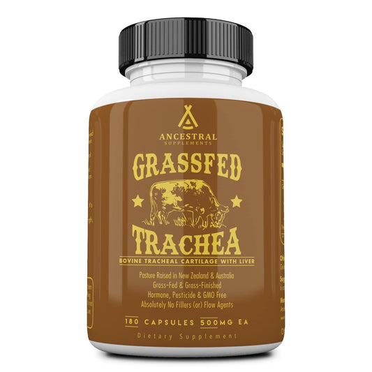 Ancestral Supplements bottle with grass-fed beef tracheal for daily immune support.