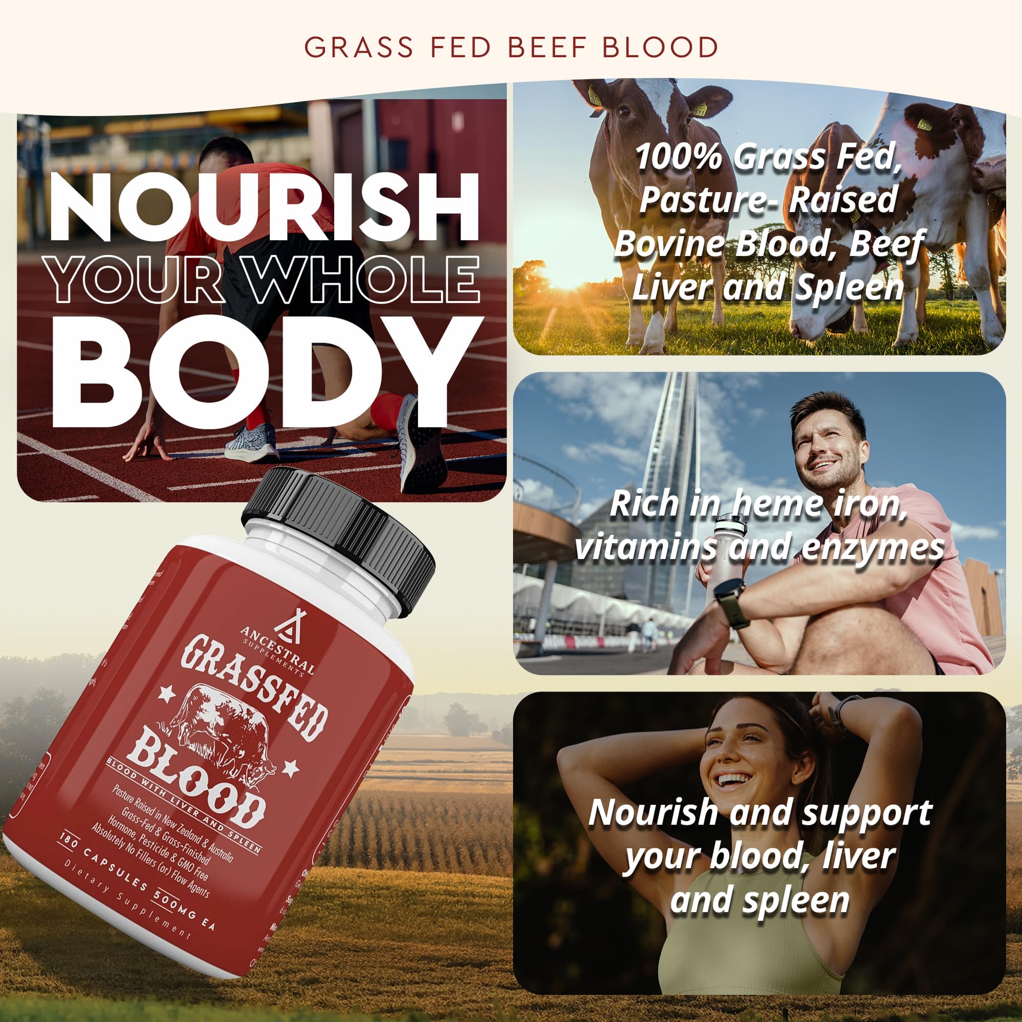 Ancestral Supplements Blood Is Blood label view—grass-fed origin and non-GMO formula
