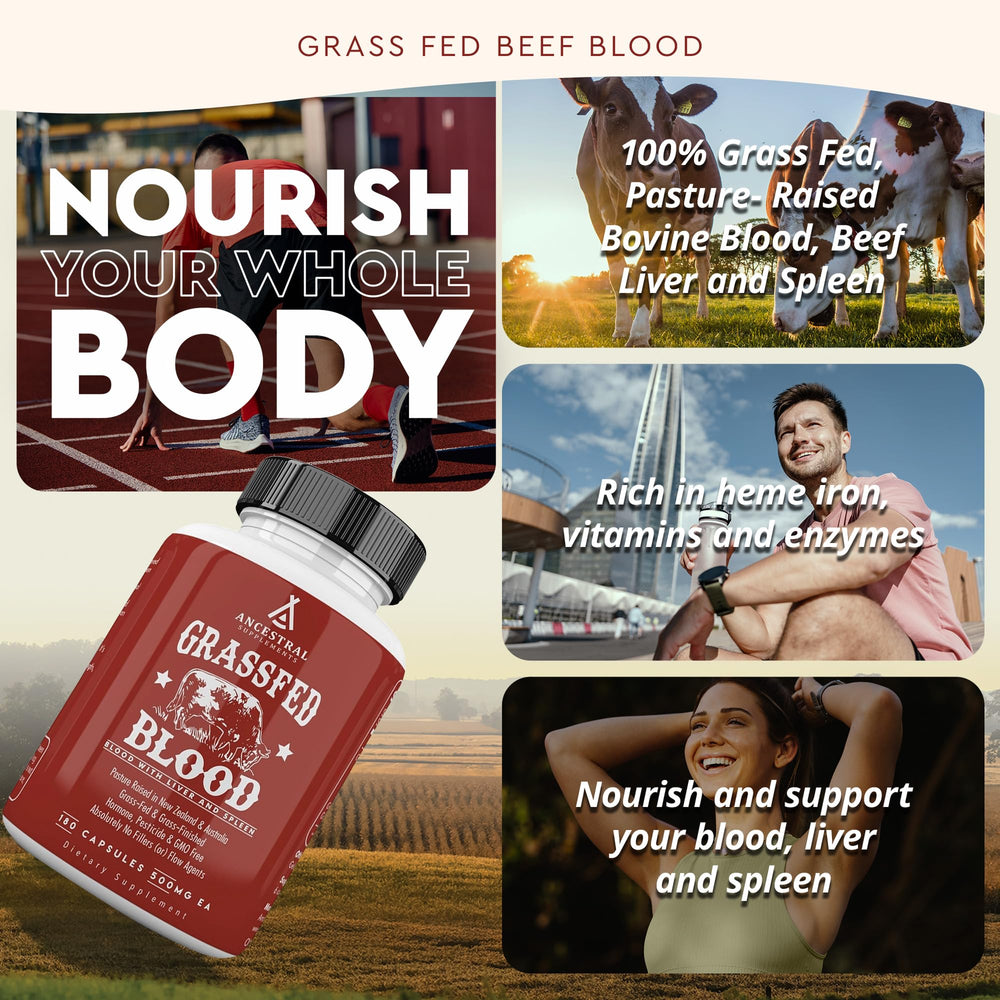 Ancestral Supplements Blood Is Blood label view—grass-fed origin and non-GMO formula