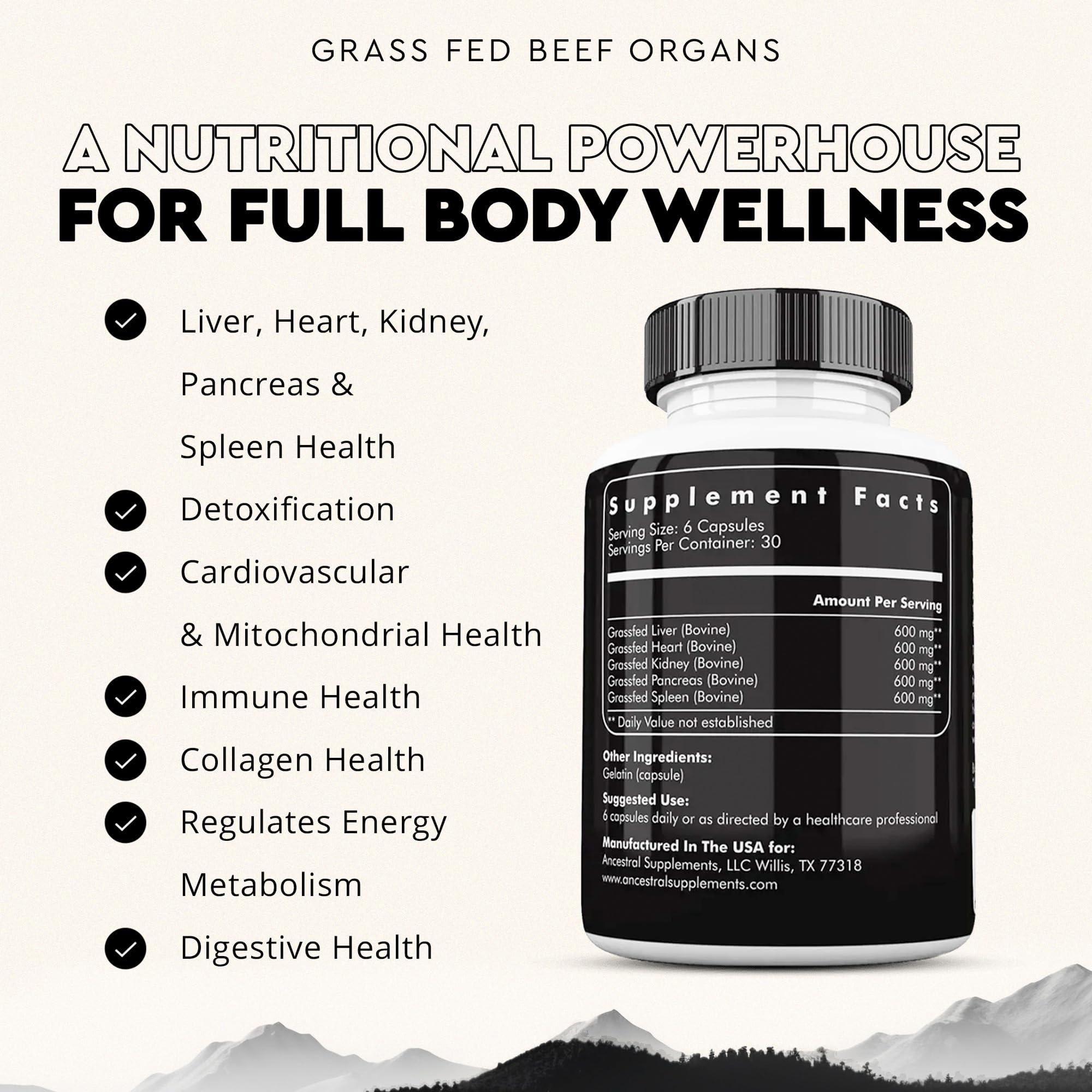 Ancestral Supplements Grass-Fed Heart bottle closeup highlighting CoQ10-rich heart support