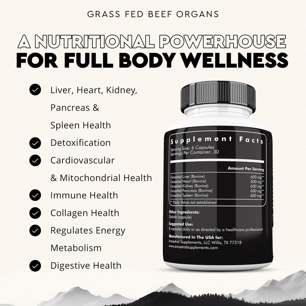 Ancestral Supplements Grass-Fed Heart bottle closeup highlighting CoQ10-rich heart support