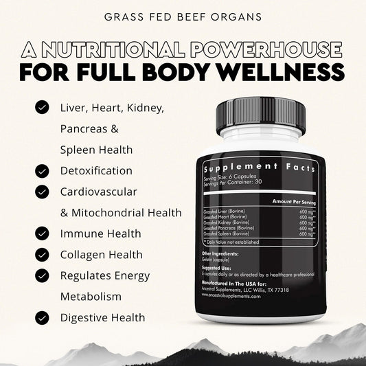 Ancestral Supplements Grass-Fed Heart bottle closeup highlighting CoQ10-rich heart support