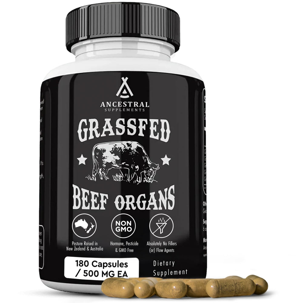 Ancestral Supplements Grass-Fed Liver bottle pour shows nutrient-dense liver benefits