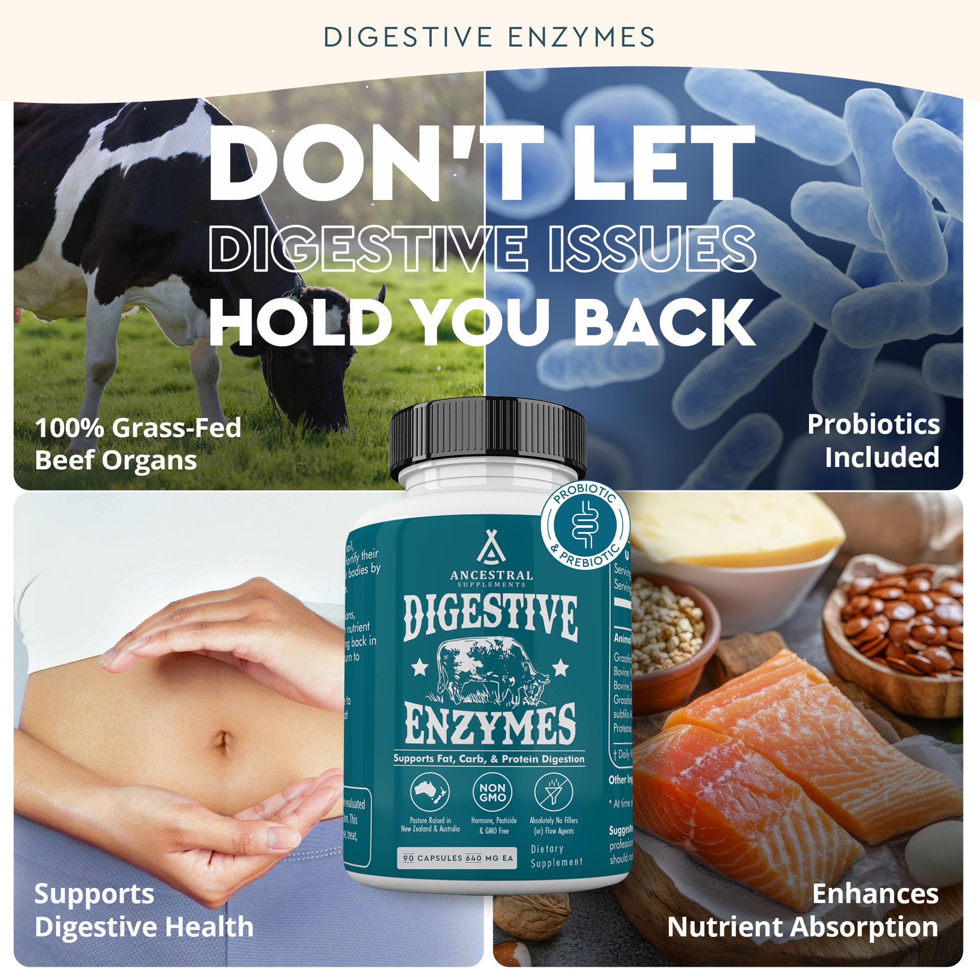 Ancestral Supplements grass-fed organ blend highlights kidney, liver, and pancreas nutrients.