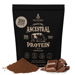 Ancestral Supplements grass-fed protein powder chocolate tub front for daily protein boost