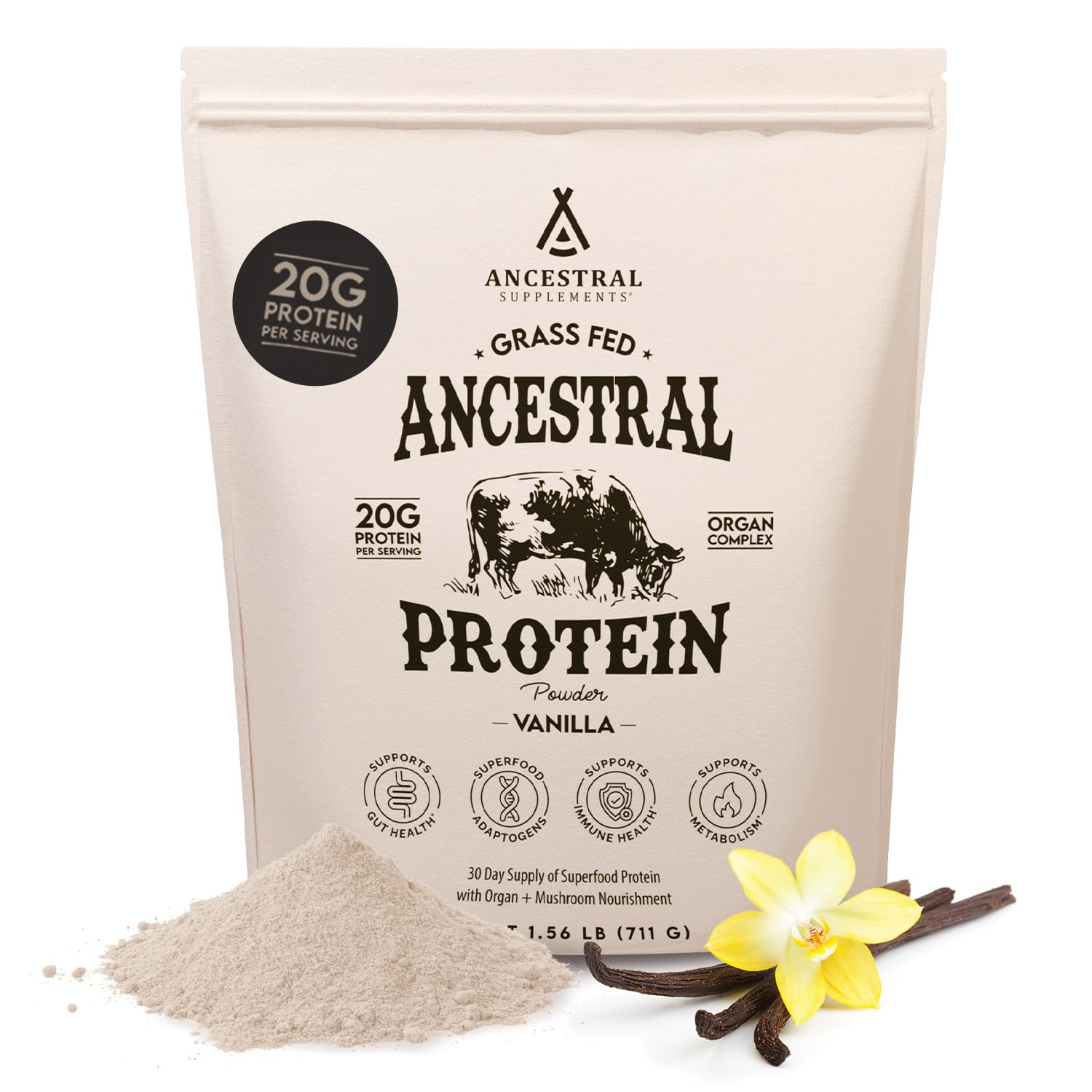Ancestral Supplements grass-fed vanilla bottle, a protein option for daily use and gut health support