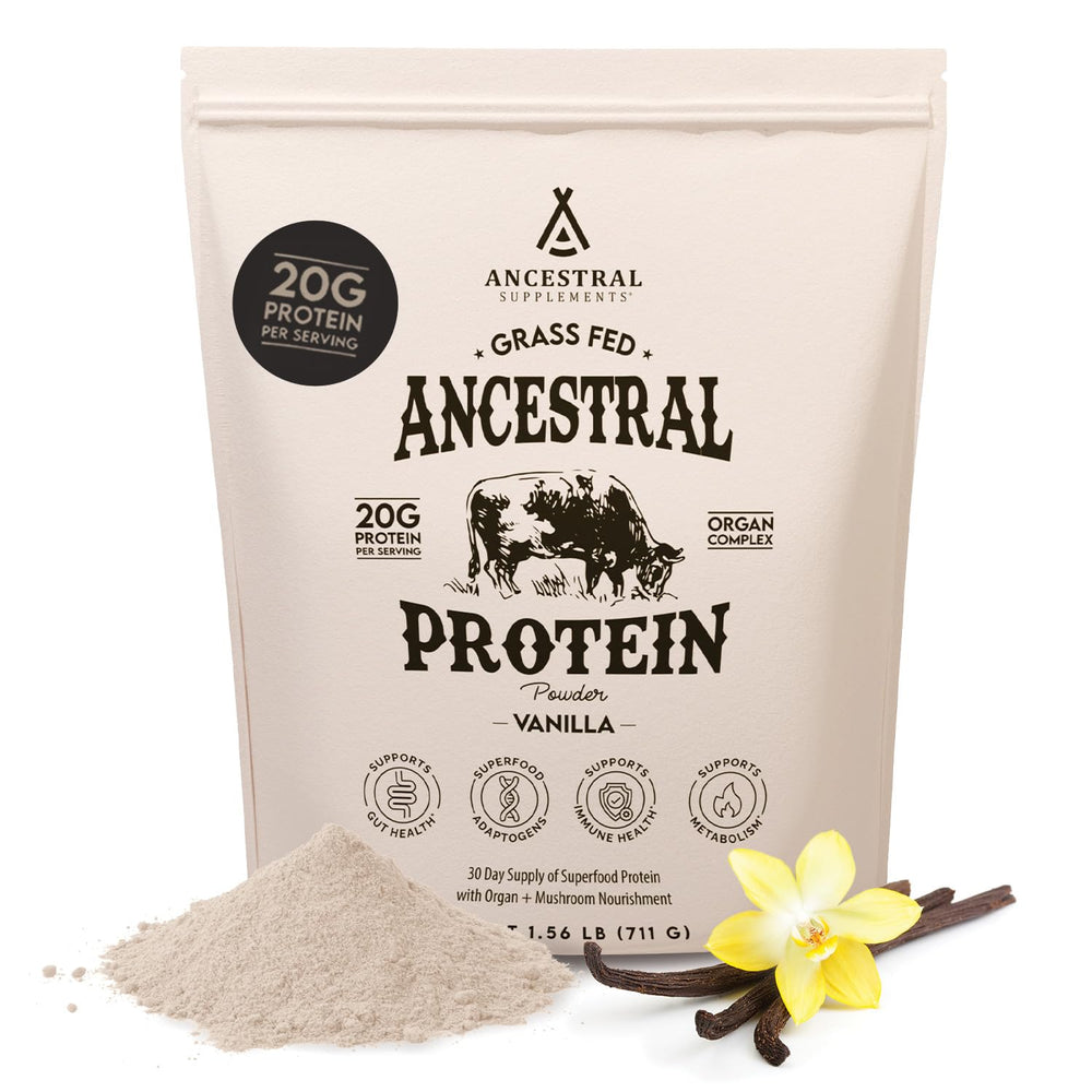 Ancestral Supplements grass-fed vanilla bottle, a protein option for daily use and gut health support