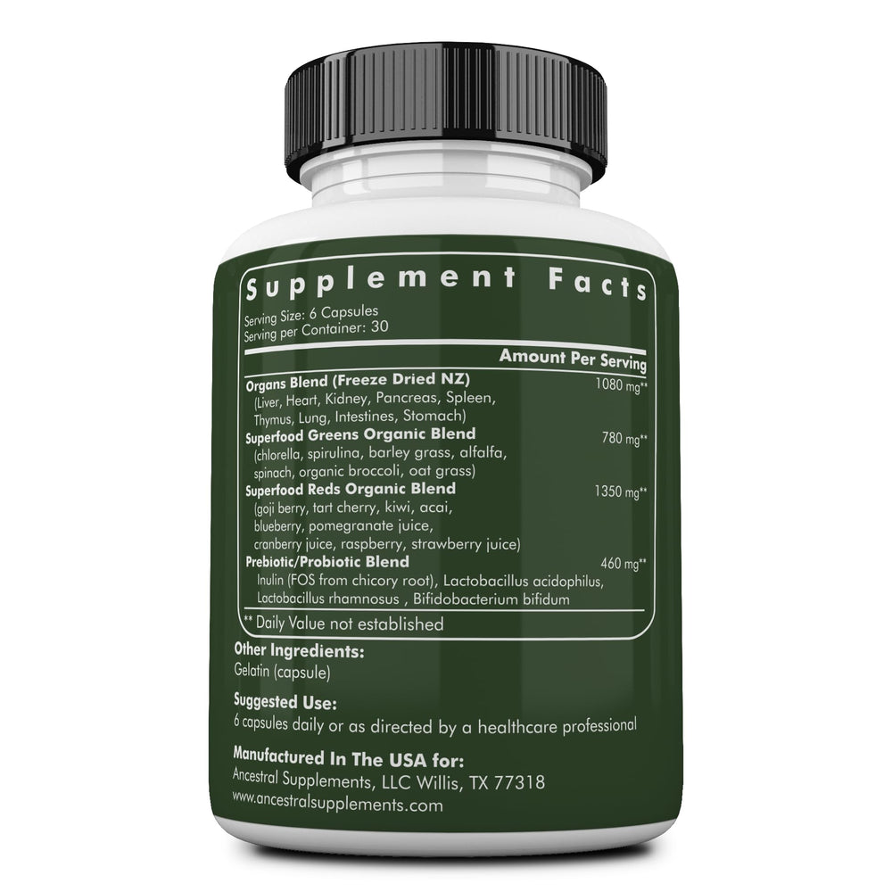 Ancestral Supplements greens-reds-blend bottle, convenient superfood mix for overall wellness.