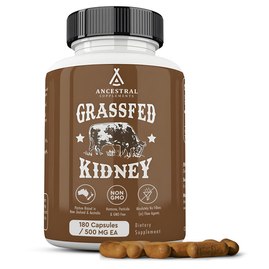 Ancestral Supplements kidney bottle front with label and capsules