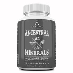 Ancestral Supplements Minerals & Electrolytes bottle on table highlights daily hydration.