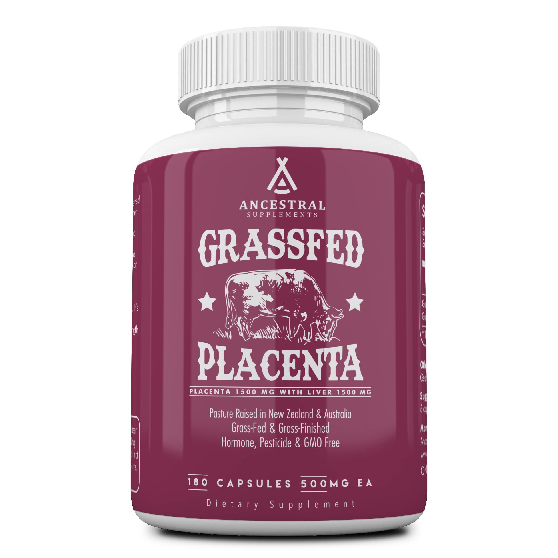 Ancestral Supplements placenta capsules bottle for postpartum nourishment and lactation support.