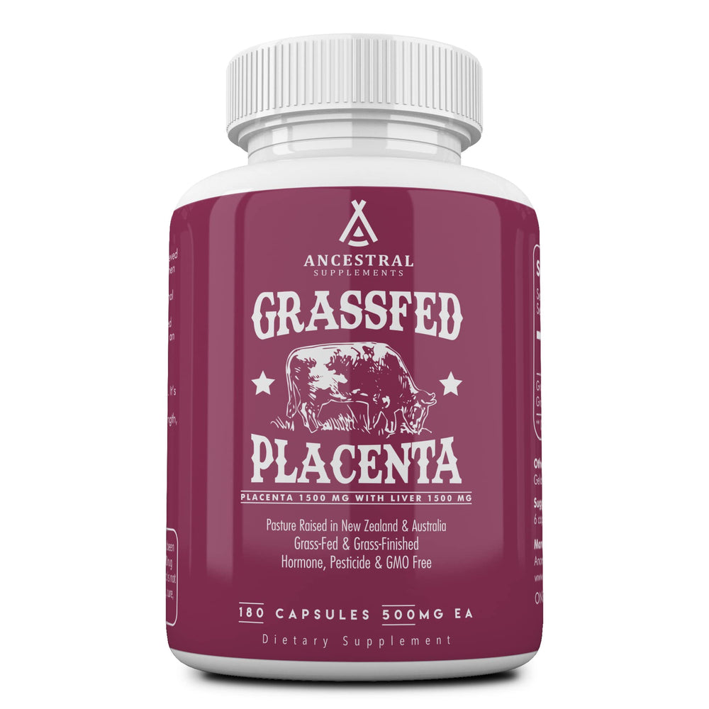 Ancestral Supplements placenta capsules bottle for postpartum nourishment and lactation support.