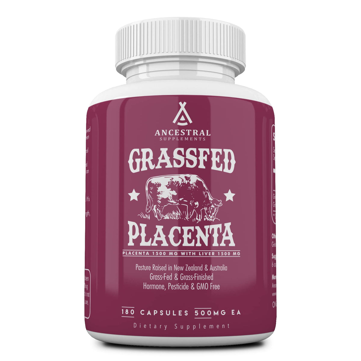 Ancestral Supplements placenta capsules bottle for postpartum nourishment and lactation support.