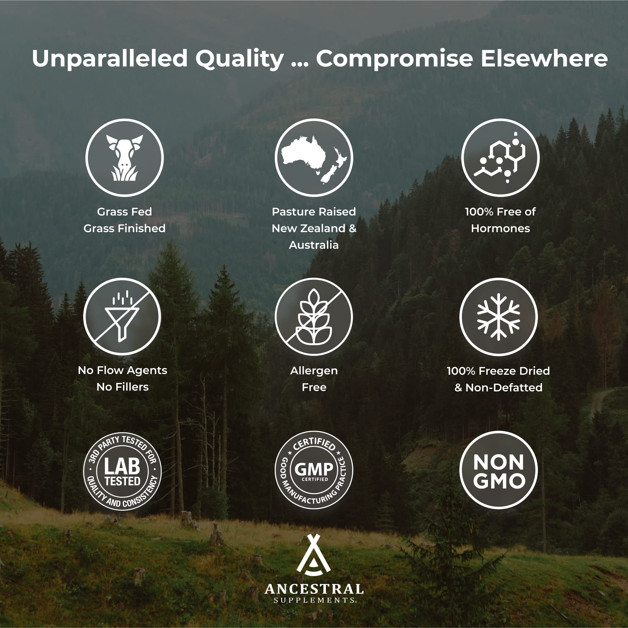 Ancestral Supplements purity and non-GMO stamp on packaging.