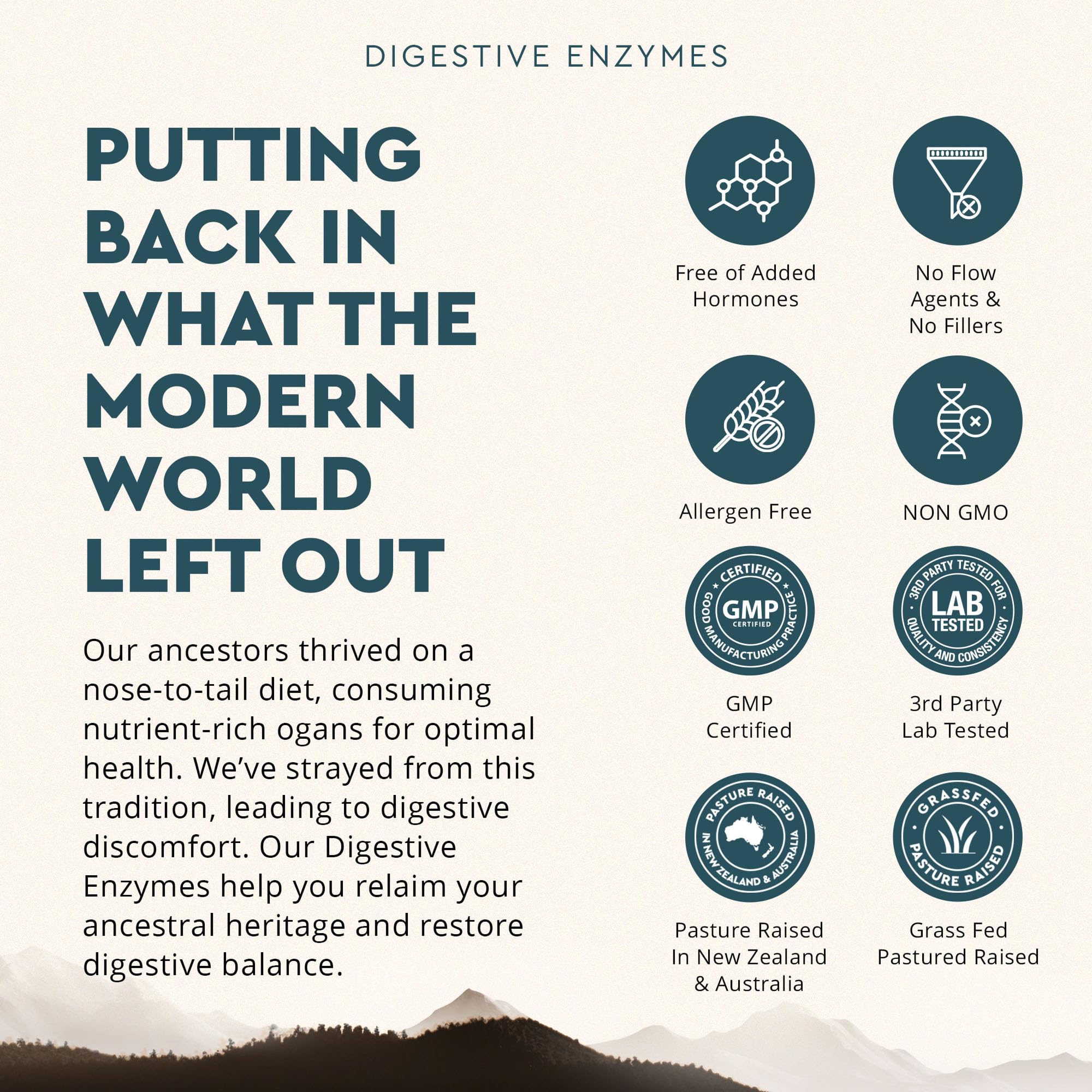 Ancestral Supplements sourced from New Zealand and Australia grass-fed cattle.