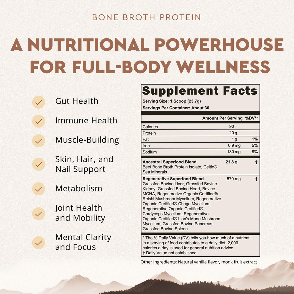 Ancestral Supplements vanilla protein powder container for smoothies and shakes boosting daily protein goals