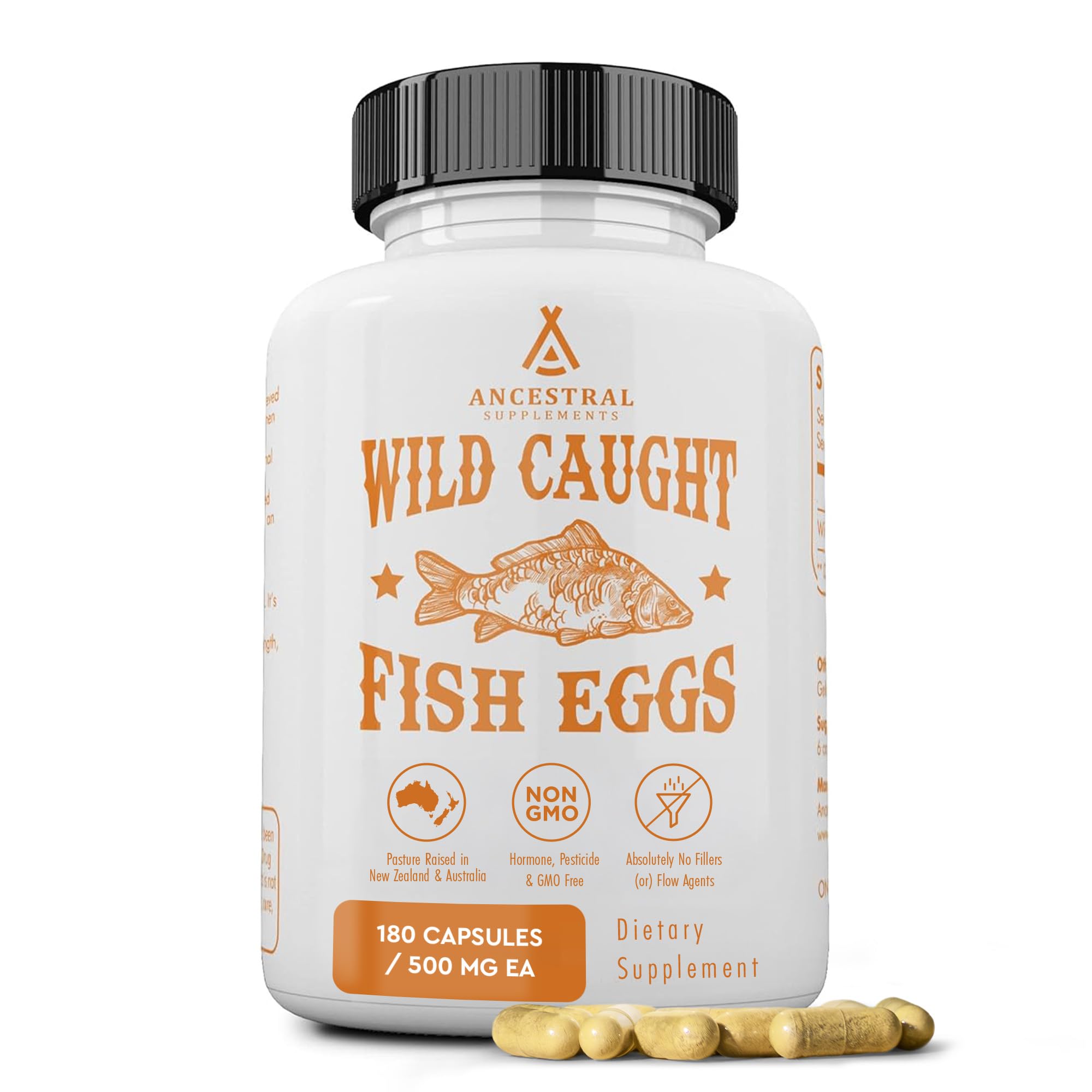 Ancestral Supplements Wild Caught Fish Eggs bottle showing potential brain health support.