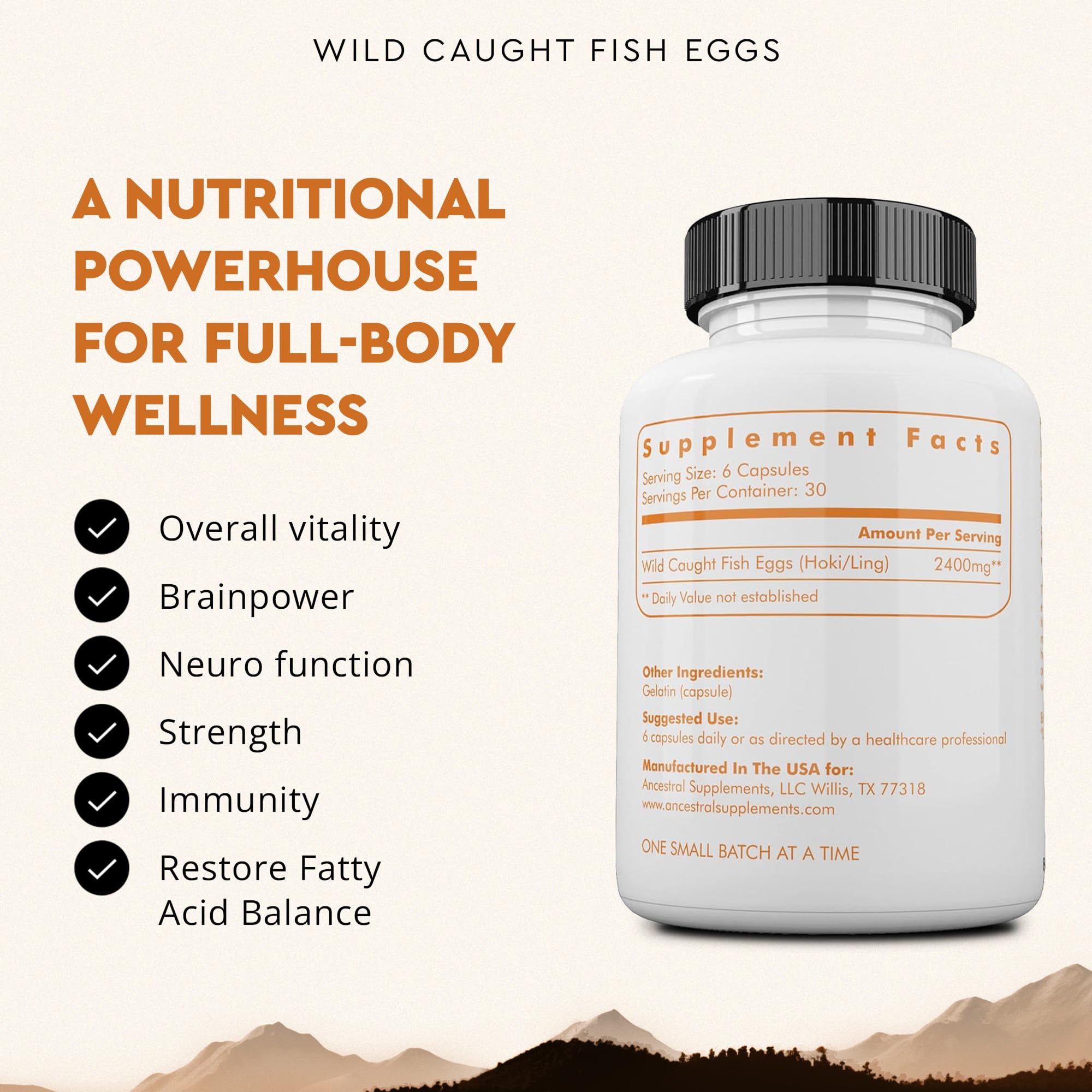 Ancestral Supplements Fish Eggs capsules close-up highlighting omega-3-rich nutrition.
