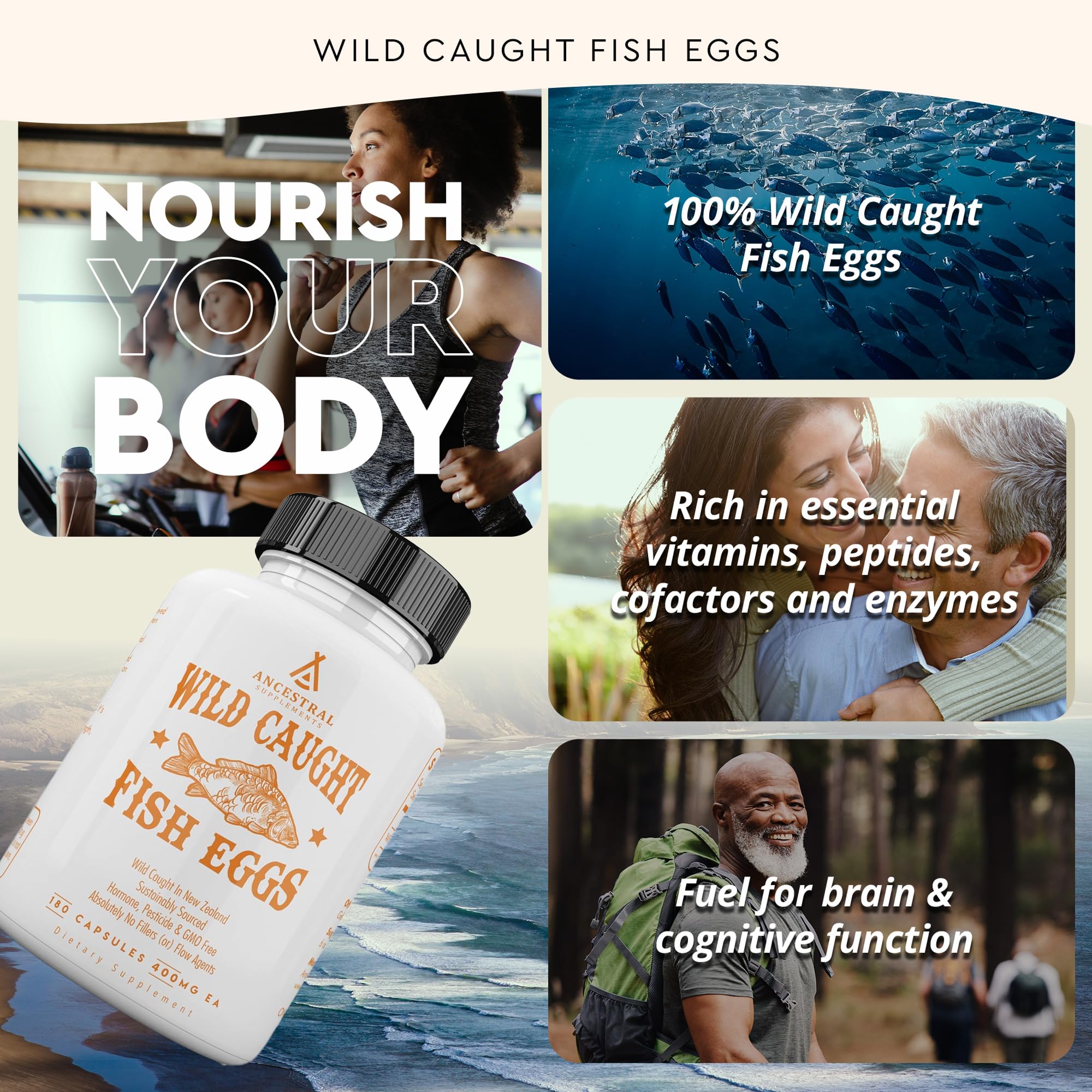 Ancestral Supplements Wild Caught Fish Eggs label emphasizing sustainability and nutrients.