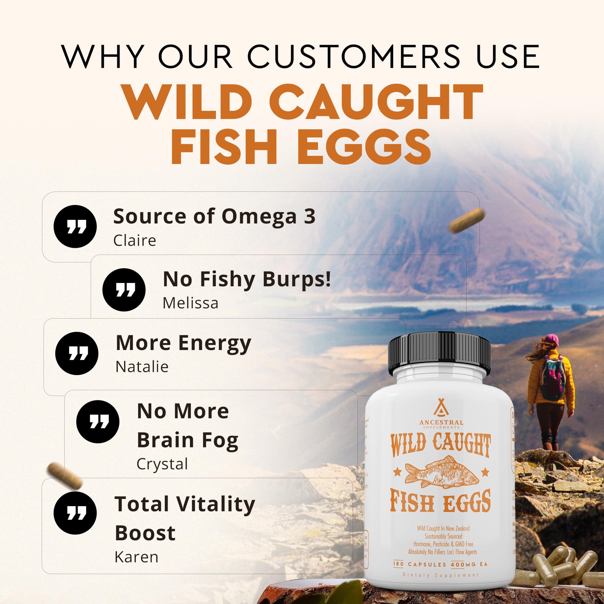 Ancestral Supplements MSC-certified wild fish eggs image signaling sustainable sourcing.