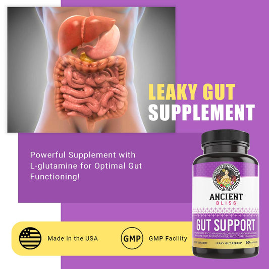 Ancient Bliss L-glutamine capsules closeup highlighting daily digestion support.