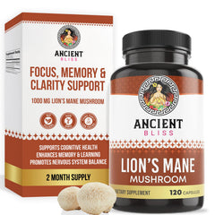 Ancient Bliss Lion’s Mane bottle front with vegan capsules for daily focus.